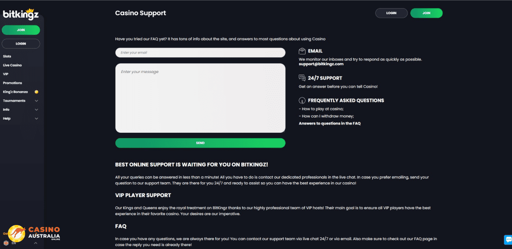Support at BitKingz Casino Australia
