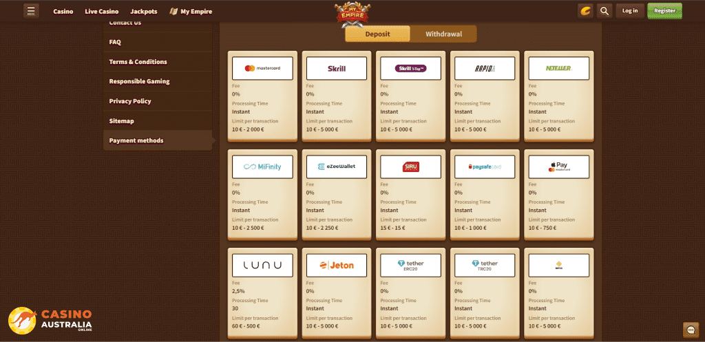 Deposit Methods at MyEmpire Casino