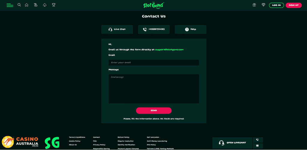 Support at SlotGems Casino Australia