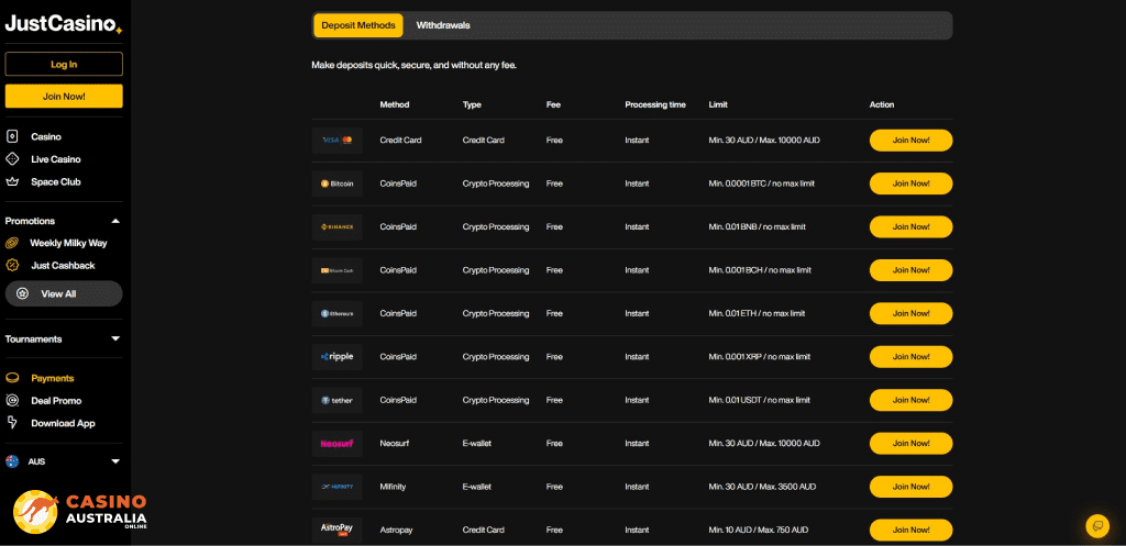 Deposit Methods at JustCasino