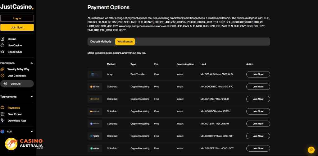Withdrawals Methods at JustCasino