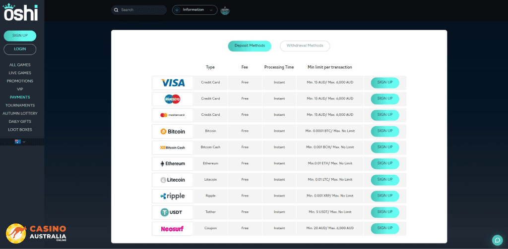 Deposit Methods at Oshi Casino