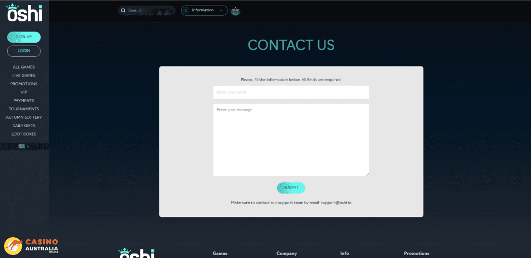Support at Oshi Casino Australia