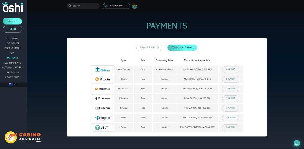 Withdrawals Methods at Oshi Casino