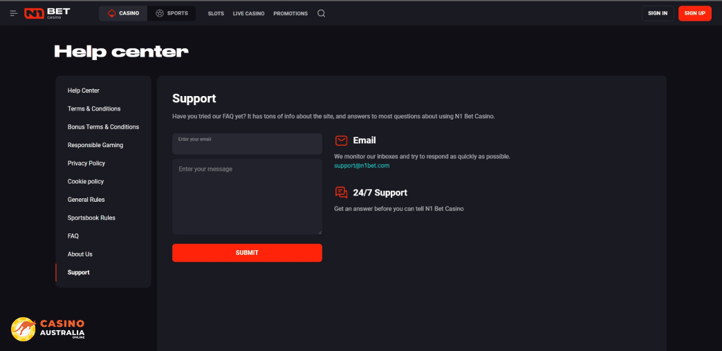 Support at N1Bet Casino Australia