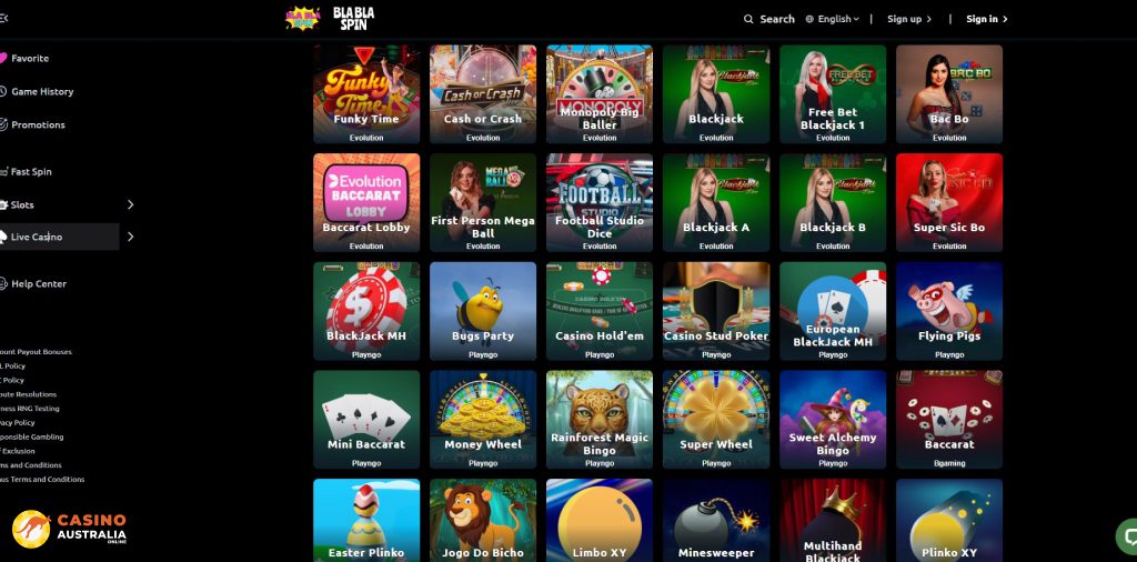 BlaBlaSpin Casino Live Games Australia