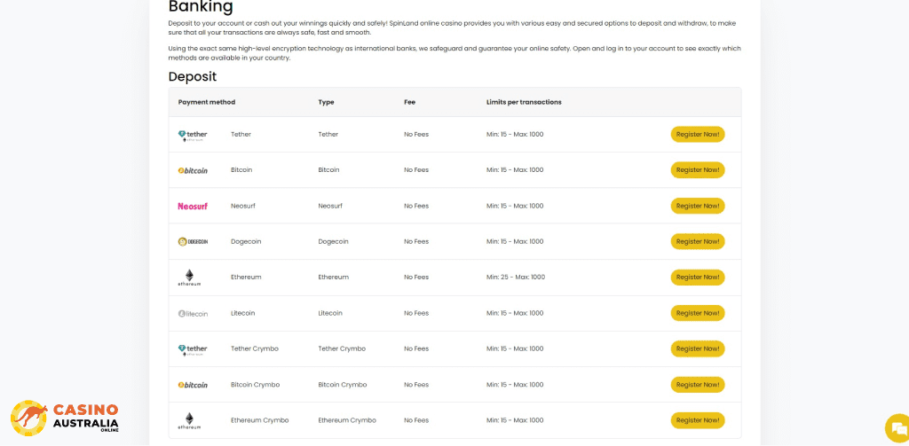 Deposit Methods at SpinLand Casino