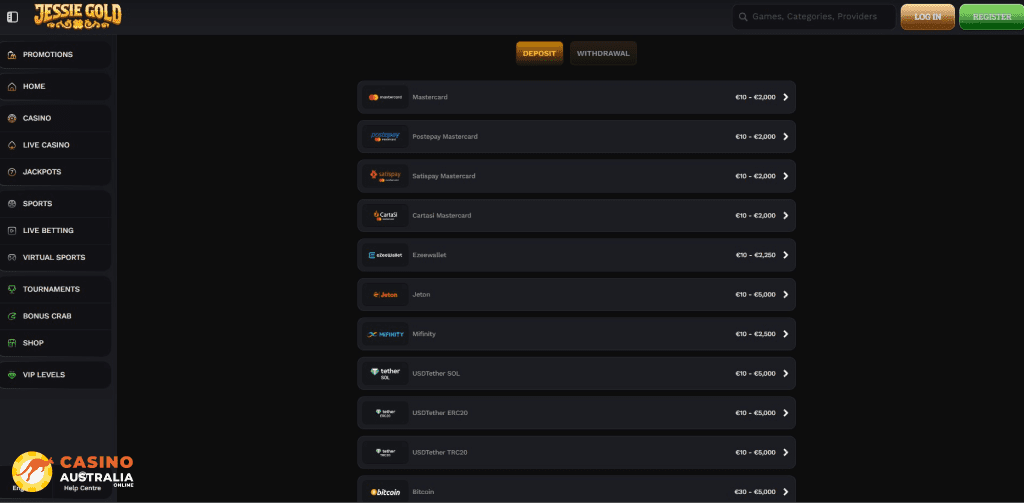 Deposit Methods at JessieGold Casino