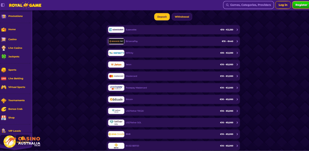 Deposit Methods at RoyalGame Casino