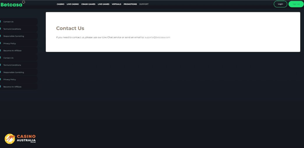 Support at BetCasa Casino Australia