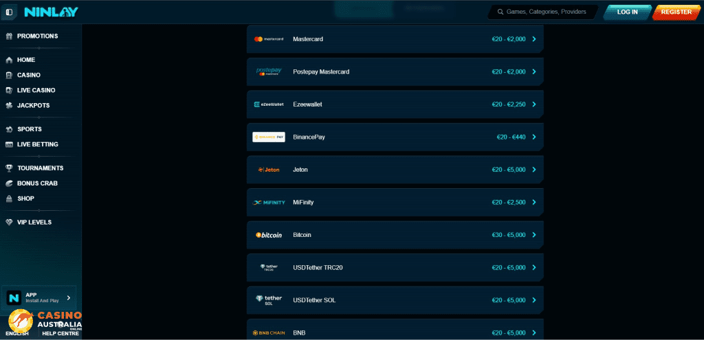 Ninlay Casino Payment Methods