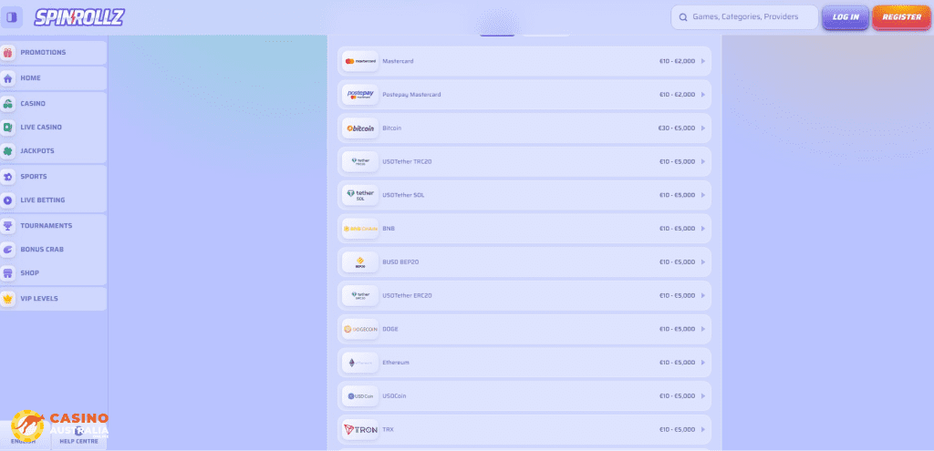 Spinrollz Casino Payment Methods