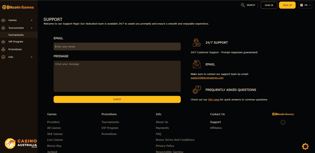 Support at Bitcoin Games Casino Australia