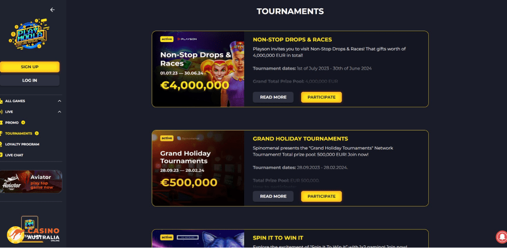 Tournaments at PlayMoola Casino Australia