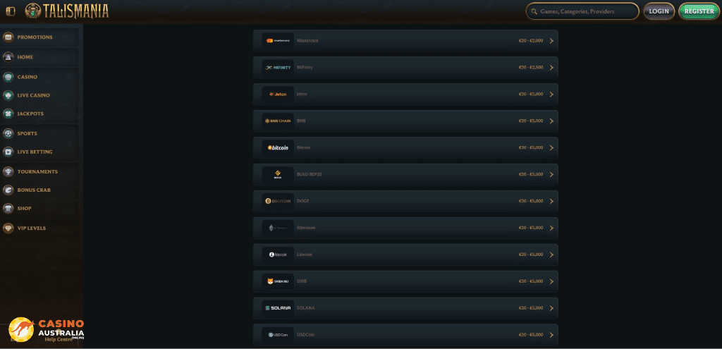 Talismania Casino Payment Methods