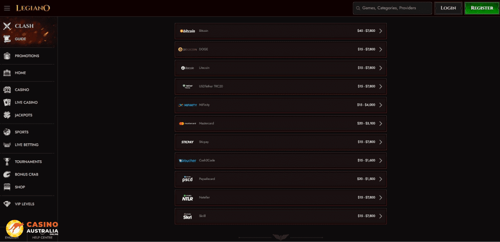 Legiano Casino Payment Methods