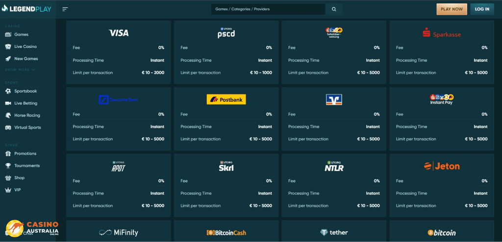 LegendPlay Casino Payment Methods