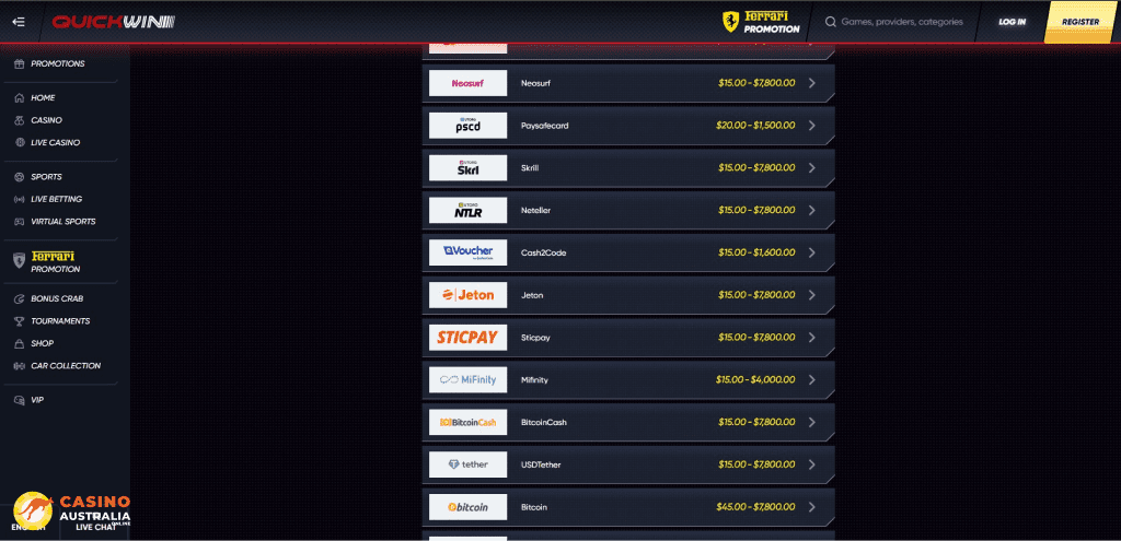 QuickWin Casino Payment Methods