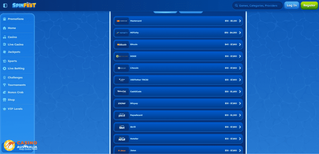 Spinfest Casino Payment Methods