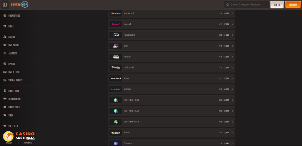 Neon54 Casino Payment Methods