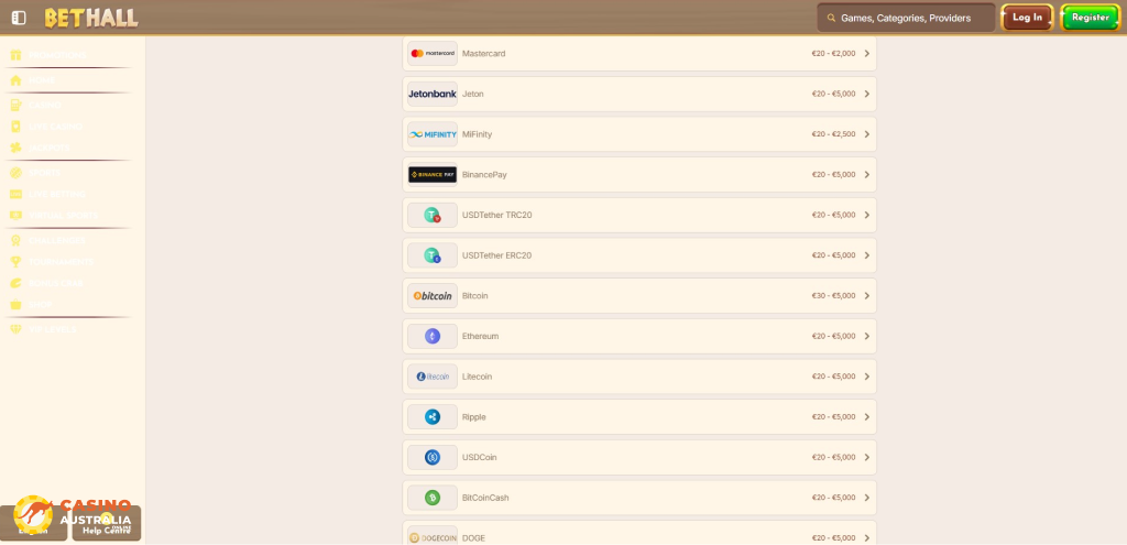 BetHall Casino Payment Methods