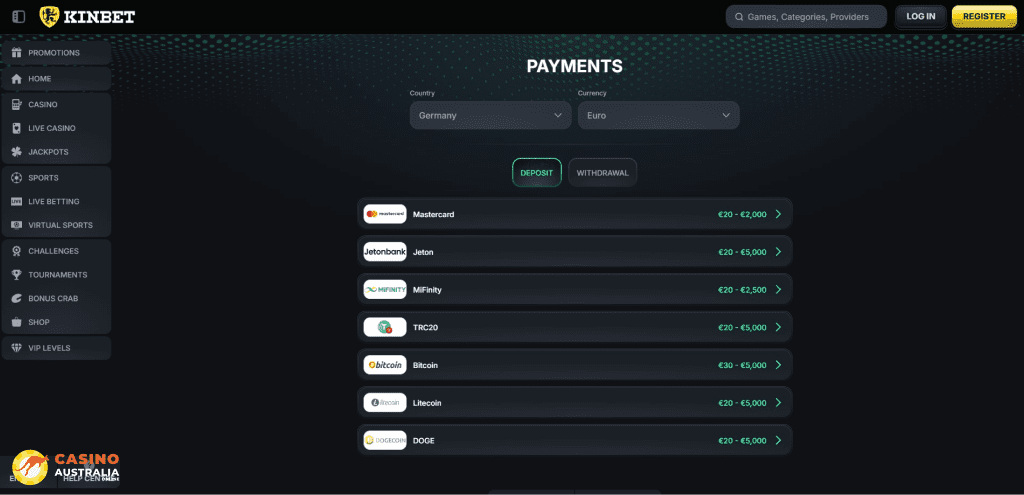 KinBet Casino Payment Methods