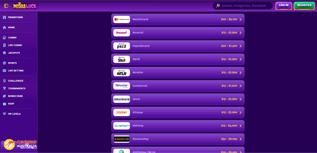 Midasluck Casino Payment Methods