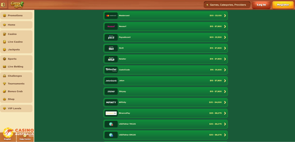 Greenluck Casino Payment Methods