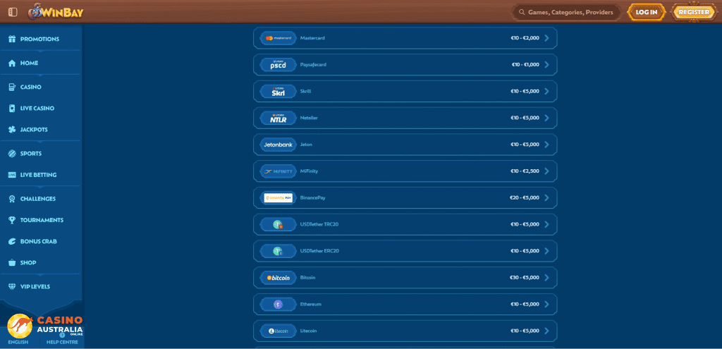 Winbay Casino Payment Methods