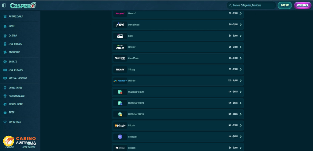 Caspero Casino Payment Methods