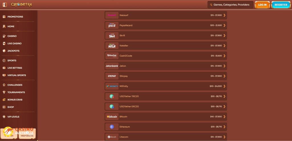 CleoBetra Casino Payment Methods