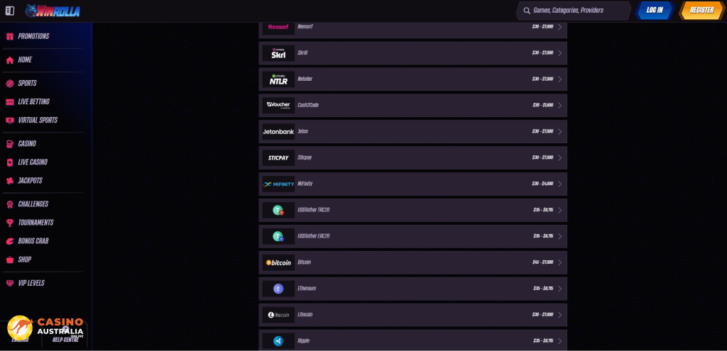 Winrolla Casino Payment Methods