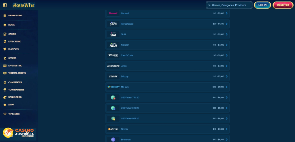 Aquawin Casino Payment Methods