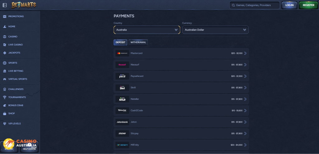 Betwarts Casino Payment Methods