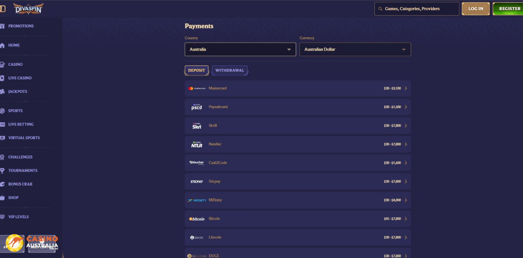 Divaspin Casino Payments Australia