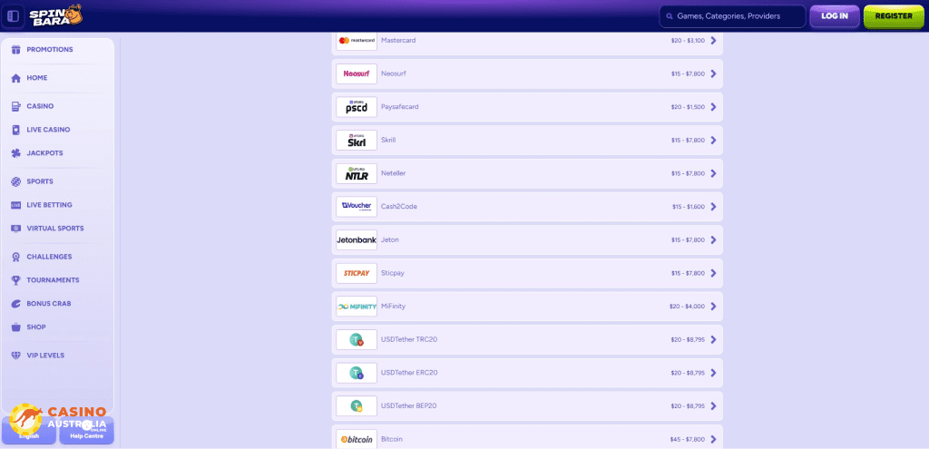 Spinbara Casino Payment Methods