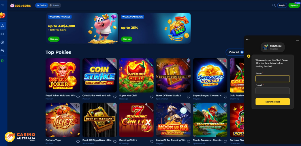 Support at God of Coins Casino Australia