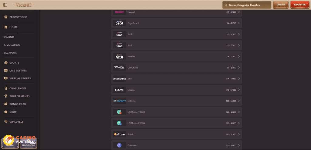 ViciBet Casino Payment Methods