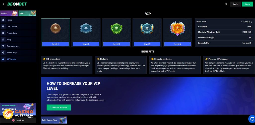 Vip Program at BeonBet Casino Australia