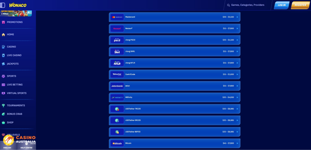 Wonaco Casino Payment Methods