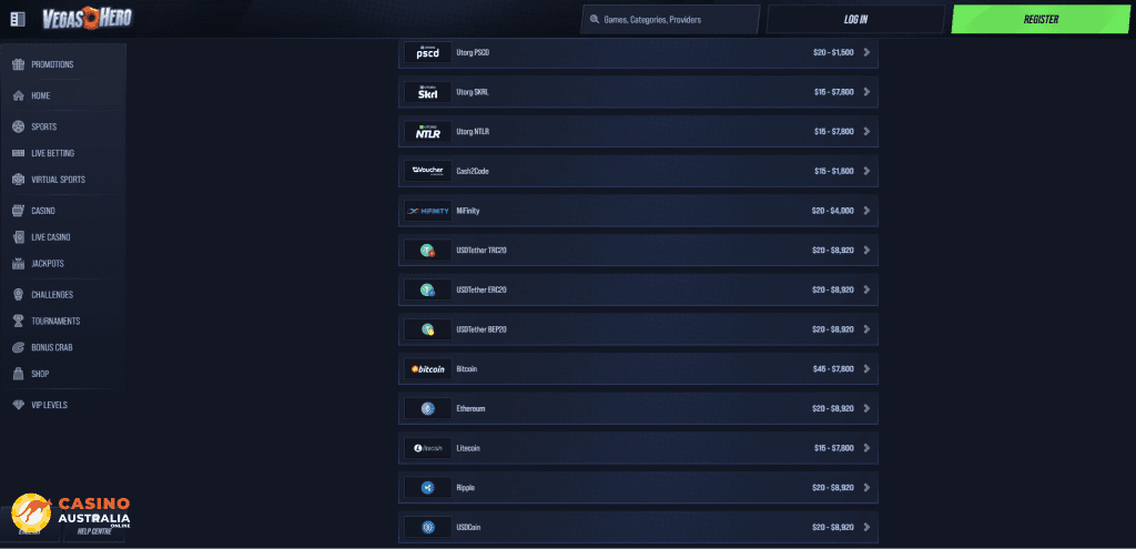 VegasHero Casino Payment Methods