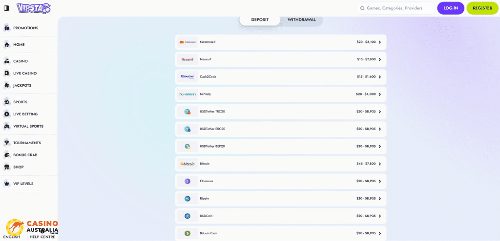 Vipsta Casino Payment Methods