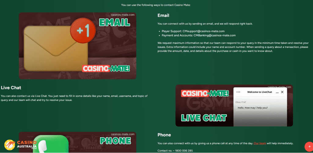Customer Support at Casino Mate Australia