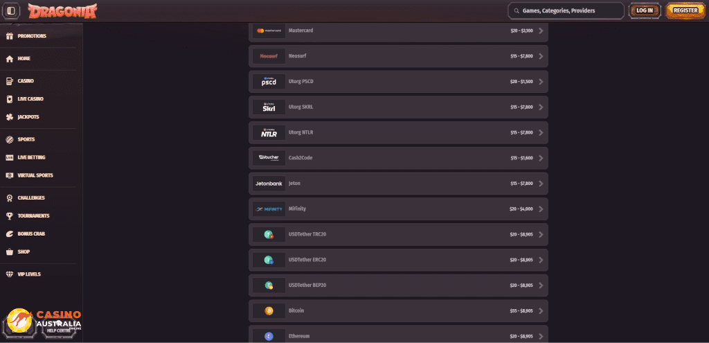 Dragonia Casino Payment Methods