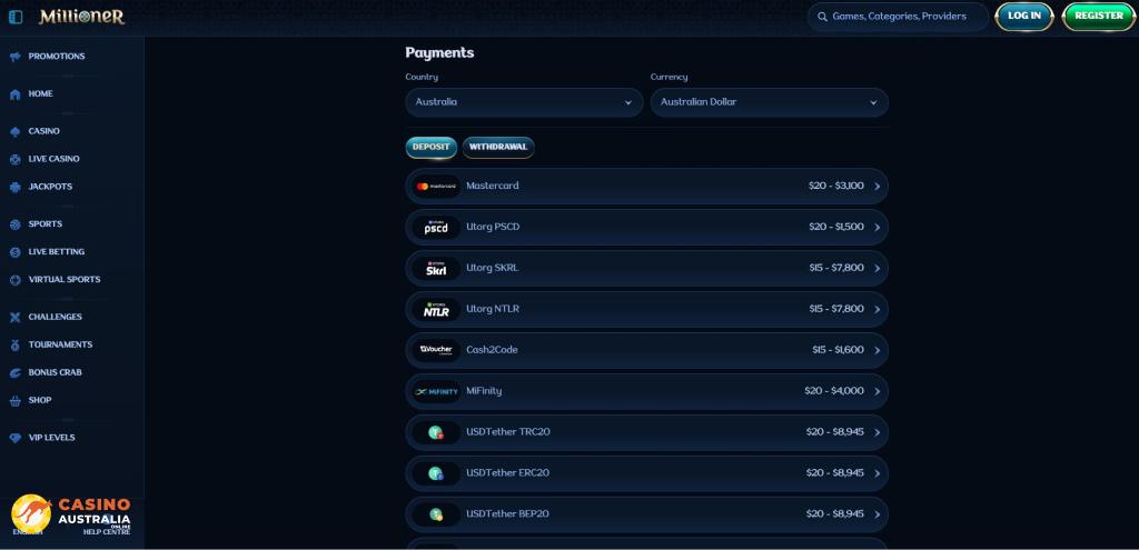 Millioner Casino Payment Methods