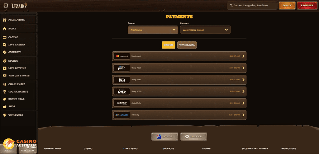 Lizaro Casino Payment Methods