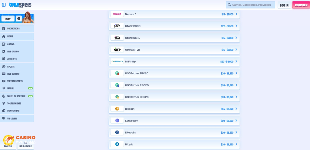 Onlyspins Casino Payment Methods