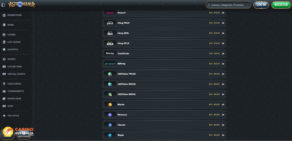 AstroMania Casino Payment Methods