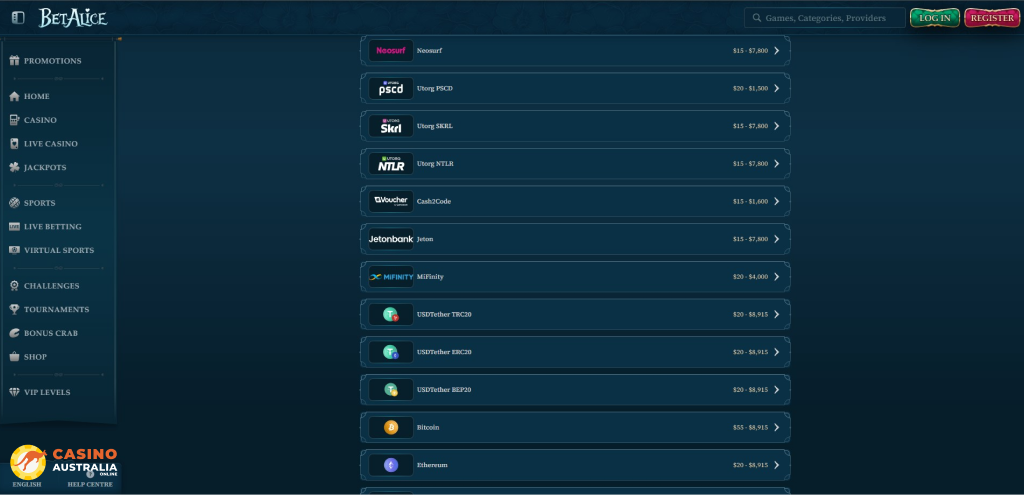BetAlice Casino Payment Methods