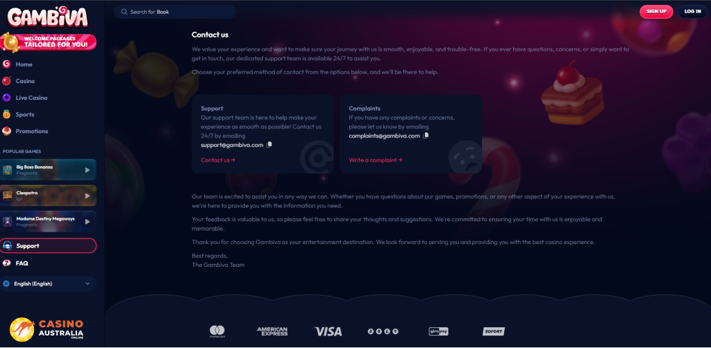 Customer Support at Gambiva Casino Australia